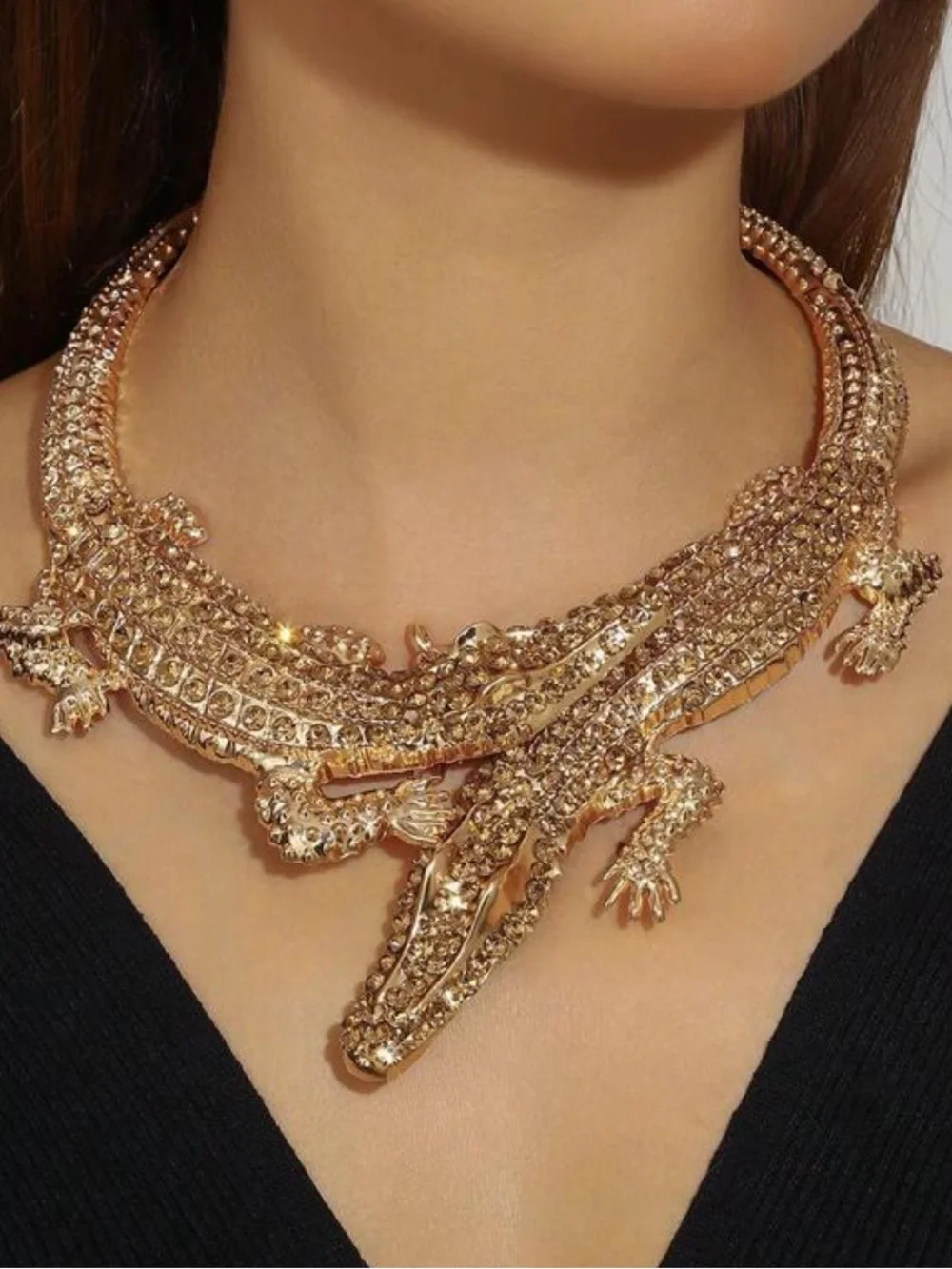 Statement Piece Sparked Gold Crocodile Crystal Necklace